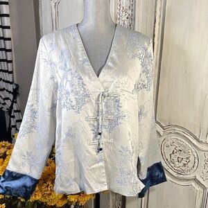 Elegant Women's Satin Asian Jacket with Blue Floral and Scenic  Design